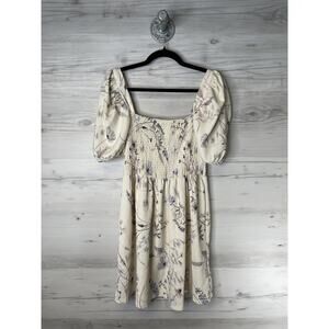 H&M Dress Womens Medium Cream‎ Floral Smocked Square Neck Puff Sleeve Boho Mini